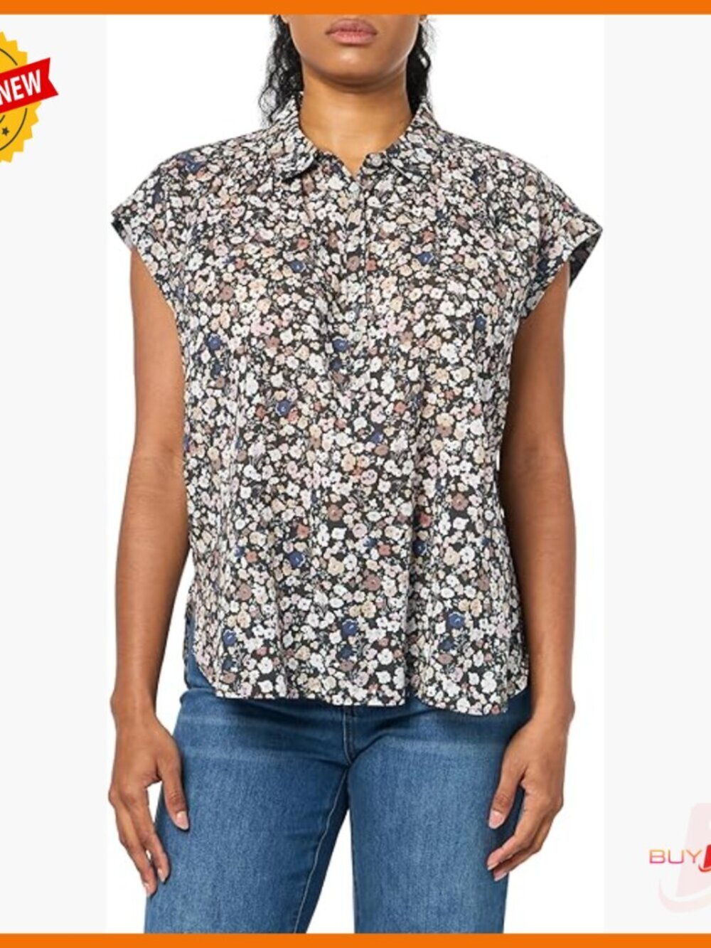 Floral Print Short Sleeve Popover Top with Lace Details, 100% Cotton